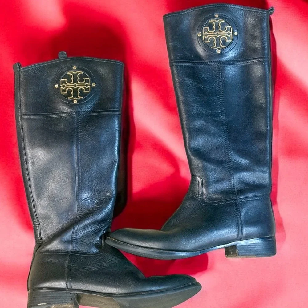 Tory Burch Kiernan Riding Boots Black Leather Knee High Gold Logo 10M